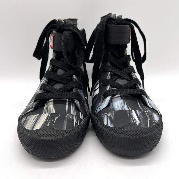 HUNTER Lace Up Rain Boots Womens 6 Black White Nightfall Marbled Rubber Bootie - Picture 2 of 11
